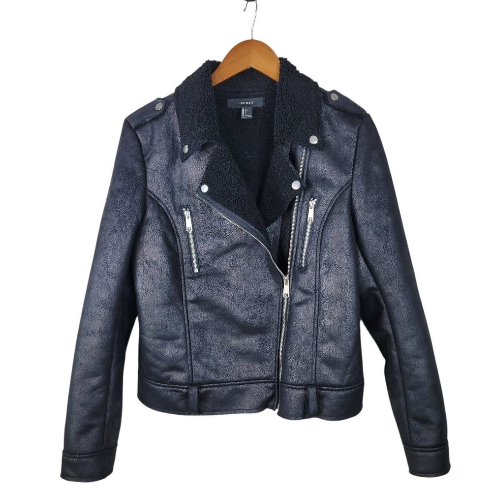 Forever 21 Faux Leather Jacket Sherpa Lined Full Zip Pockets Large Black Coat